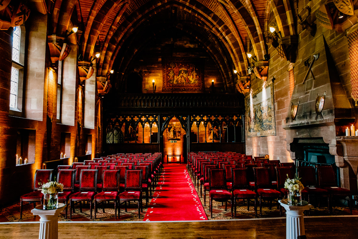 The Great Hall at Peckforton Castle looking back towards the balcony