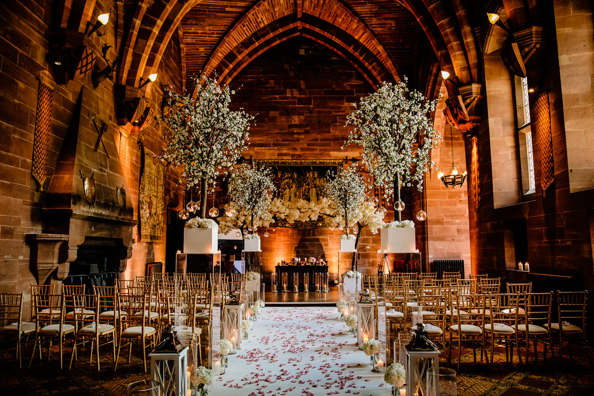 The Great Hall at Peckforton Castle looking towards the stage and windows