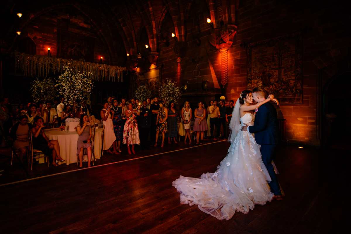 Bride and groom having their first dance at Peckforton Castle