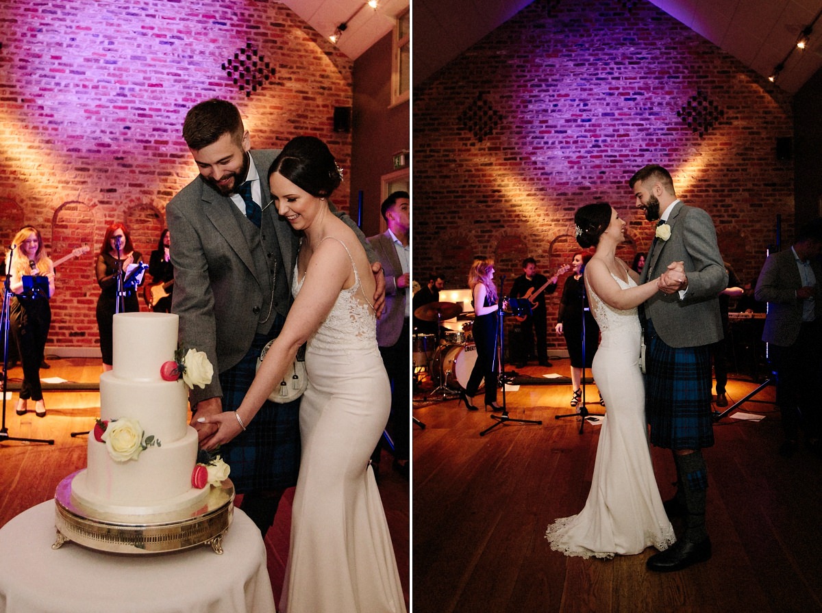 Bride and groom cutting the cake and starting their first dance