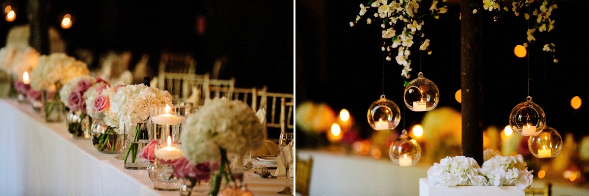 Floral displays and candles in the dining room at Peckforton Castle