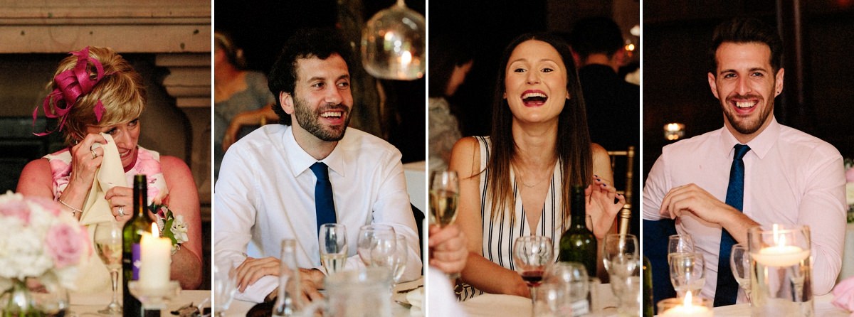 Natural moments of the wedding guests laughing during the speeches