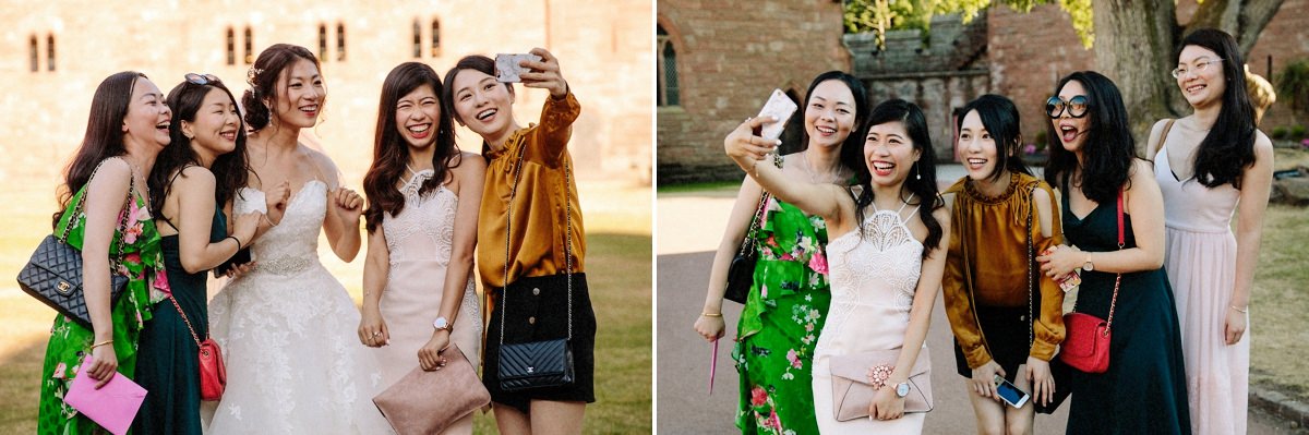 Bride and her wedding guests taking selfies