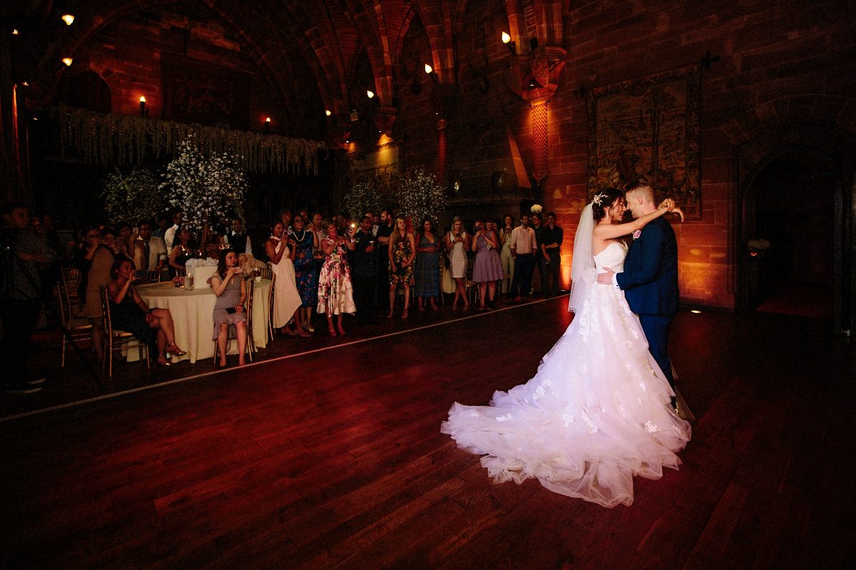 Bride and groom first dance at Peckforton Castle in the Great Hall