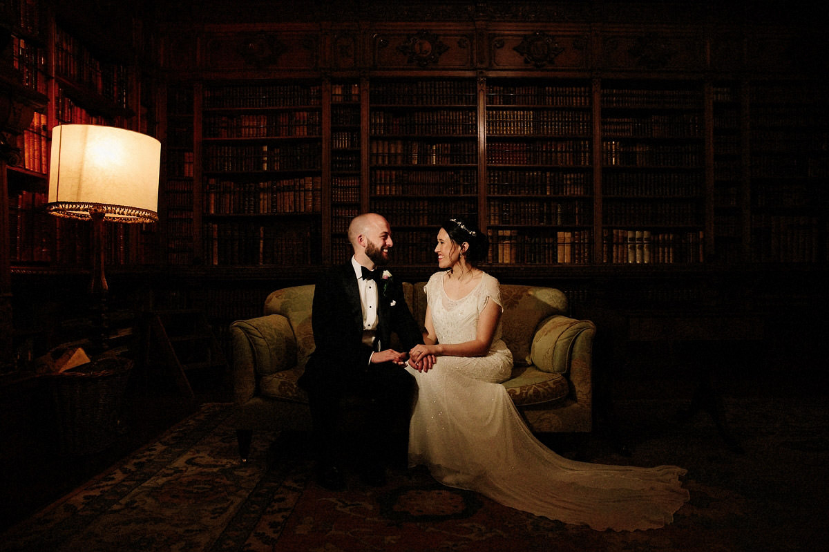 Bride and Groom inside the Library at Arley Hall