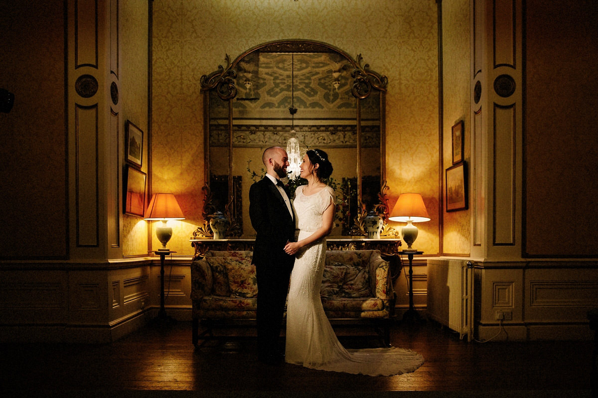 Bride and Groom inside the elegant Arley Hall