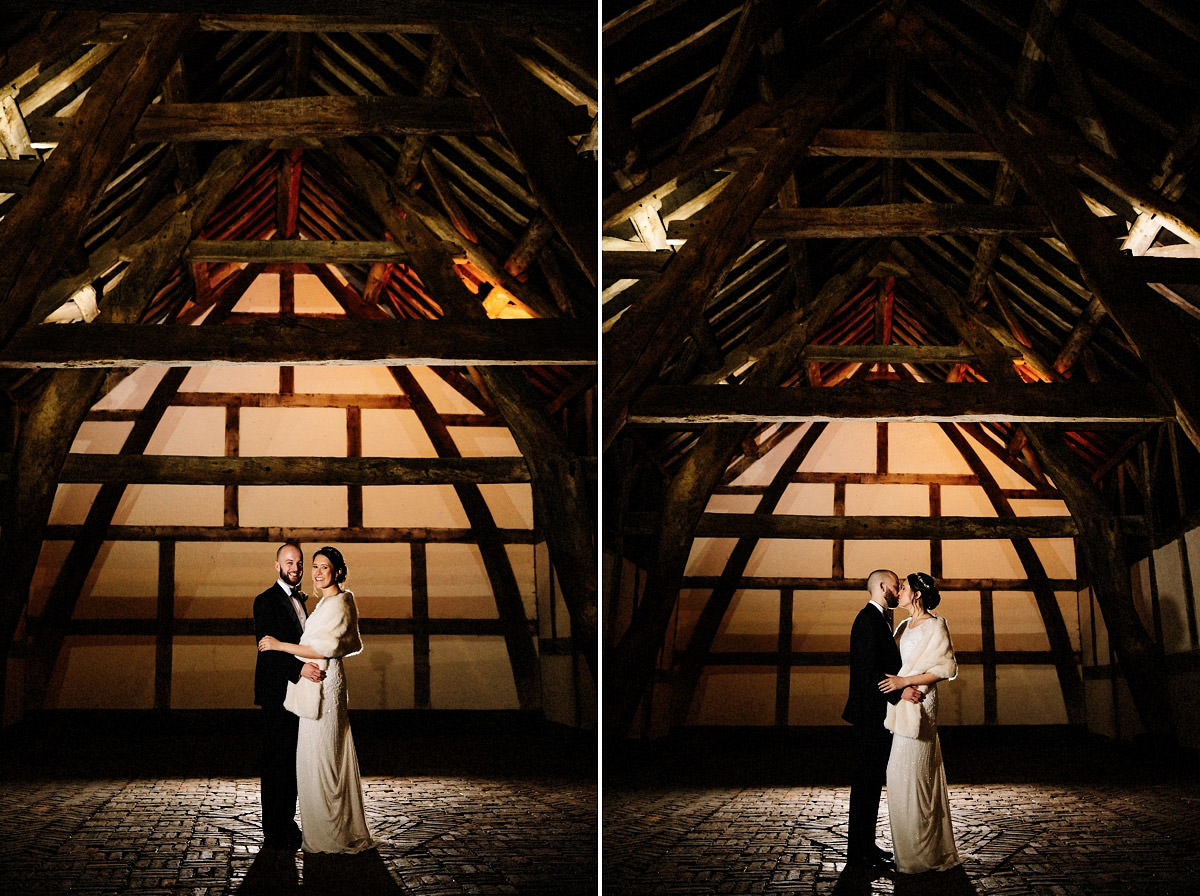 Bride and Groom inside the Cruck Barn at Arley Hall